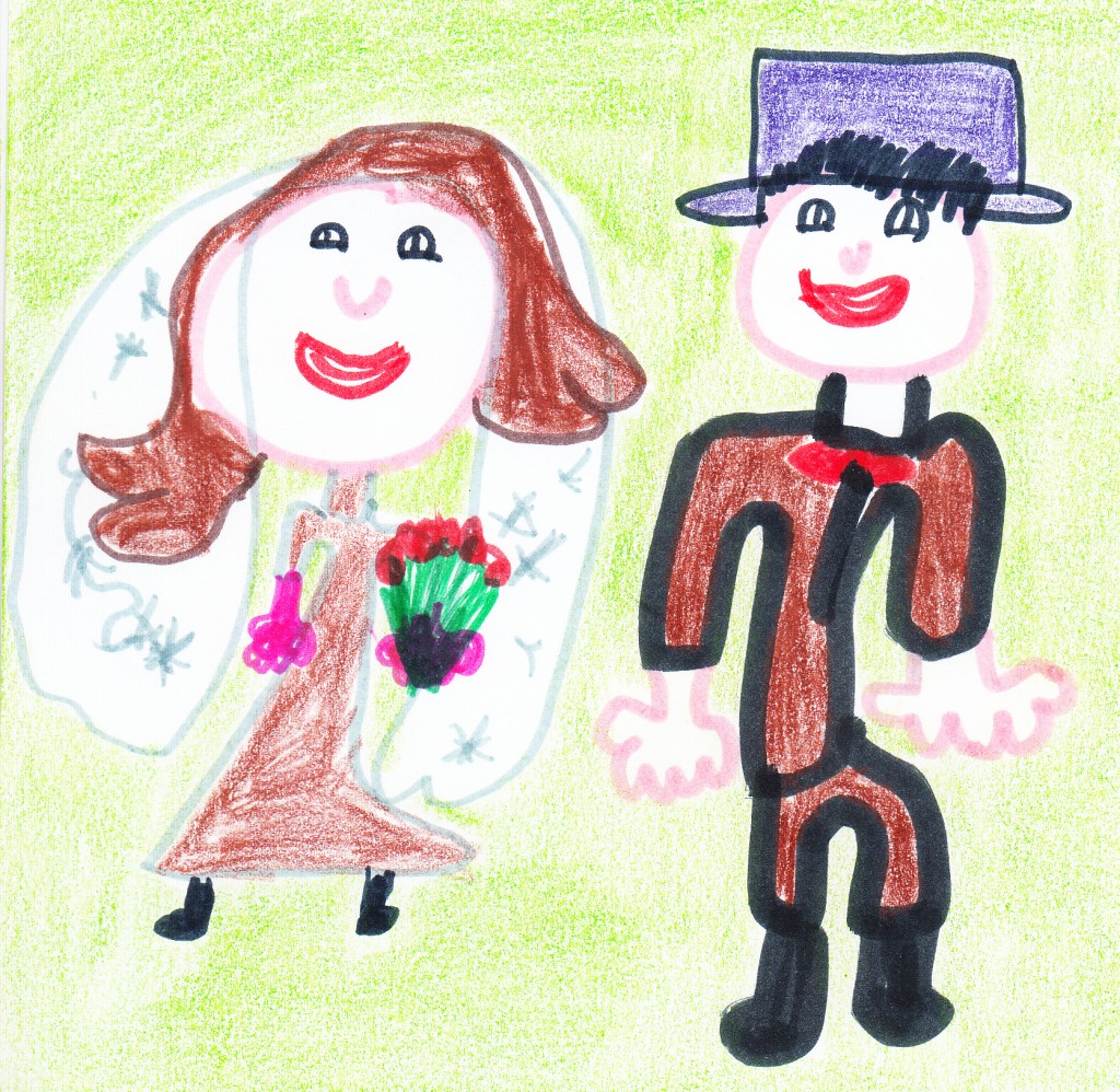 Marie et Olivier habillés en mariés. Marie porte un voile en dentelles et tient un bouquet. Olivier porte un chapeau haut de forme.